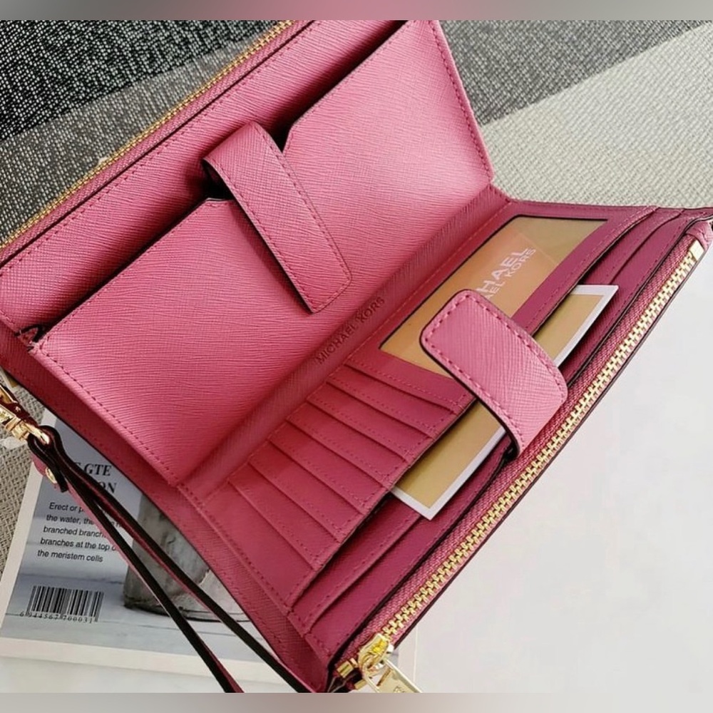 Michael Kors Pink Saffiano Wristlet Wallet with Gold Logo - Picture 2 of 2